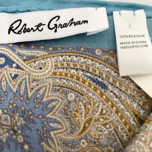 Persian Silk Paisley Pocket Square New by Robert Graham Blue and Gold - Picture 4 of 7